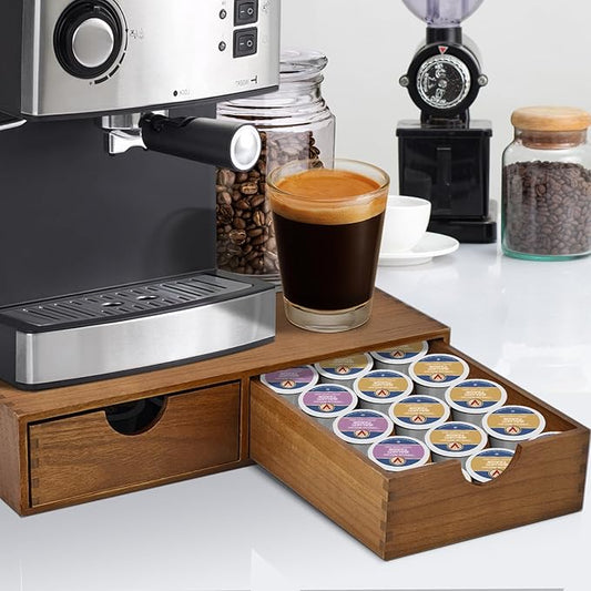 Wooden K Cup Organizer Coffee Pod Storage Box - K Pod Holder with Two Drawers, K Cup Drawer Under Brewer and Coffee Maker Machine Stand, 30 Pod Capacity, Style A ??,<div>