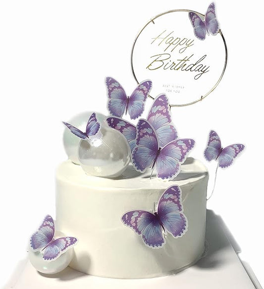 11-Piece Purple & Gold Butterfly Cake Toppers Set - Happy Birthday & Party Decorations
