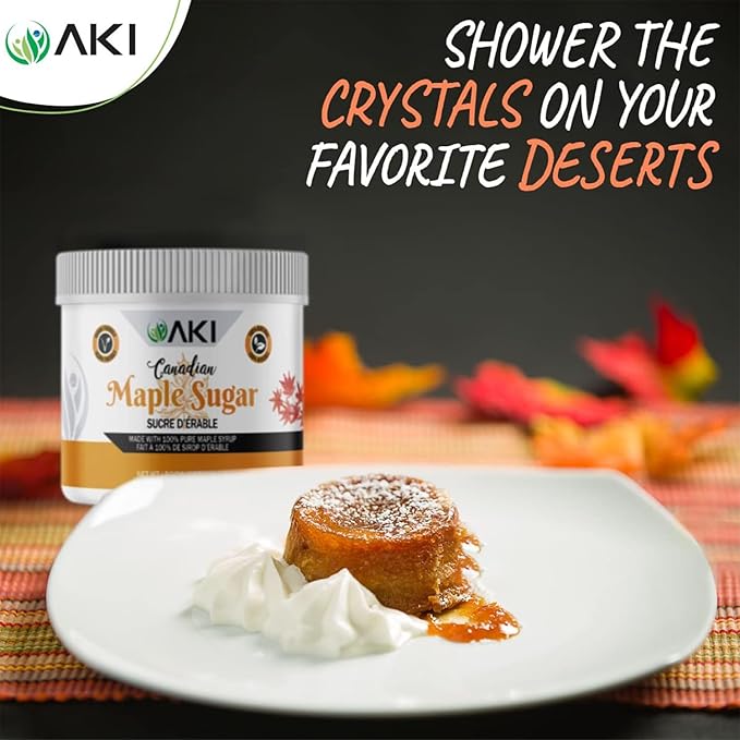 AKI Canadian Maple Sugar Granulated - Light Brown Color (7oz/198.5g) - Made from Grade A Maple Syrup, Good in Vitamins & Antioxidants to Increase Immunity - GMO-free & Vegan - Ideal Substitute for Tea, Coffee, Smoothie, Cocktails & Other Beverages
