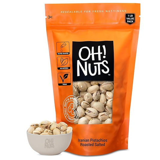 Oh! Nuts Pistachios Iranian Style - Roasted Lightly Salted - 1 lb - Shelled Whole Nuts - Packed in New York Zip-Seal Bag for Exceptional Freshness