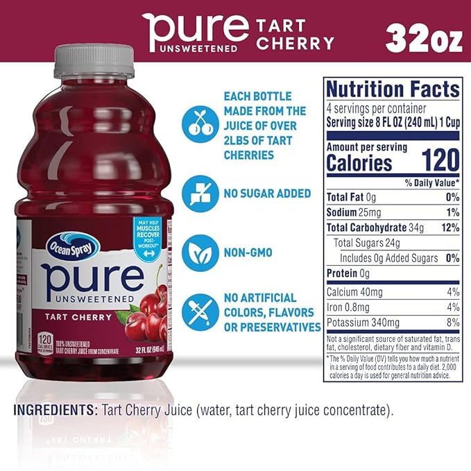 Ocean Spray® Pure Unsweetened Tart Cherry, 100% Tart Cherry Juice, 32 Fl Oz Bottle (Pack of 8)