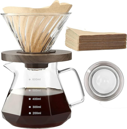 Pour Over Coffee Maker, 20 oz Borosilicate Glass Carafe with 100 pcs V60 Paper Filter by Gsform, Walnut Handle & Glass Lid, Drip Coffee Maker for Home Caf챕 Restaurant Camping, 600 ml, Clear
