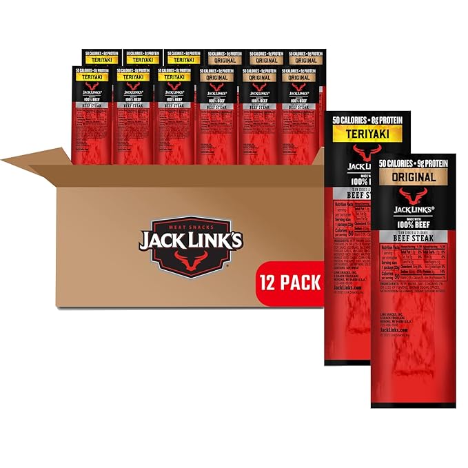 Jack Link's Beef Steak, Original and Teriyaki - Protein Snacks, Meat Snack, Good Source of Protein, Made with 100% Beef, Individually Wrapped Bulk Snack Pack - 0.8 Oz. (12 Count)