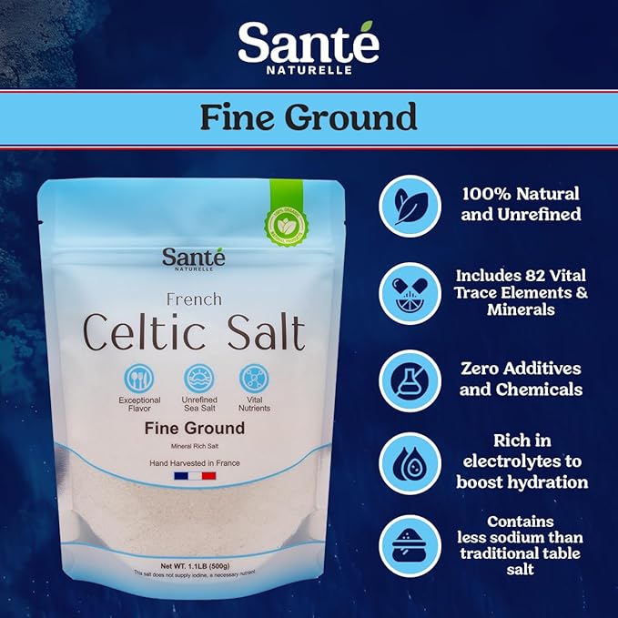 Sante Fine Ground Sea Salt From the Celtic Sea - 1.1lb (18oz) Pack of 3, Unrefined Organic French Sea Salt, Rich in 82+ Minerals Salt, 100% Natural & Hand Harvested