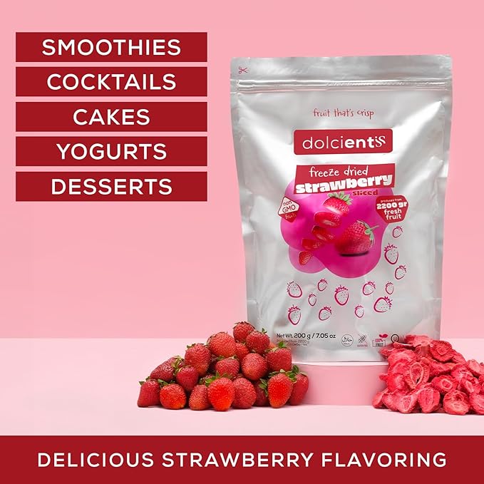 Dolcientis Freeze Dried Strawberries Sliced | 100% Natural Healty Fruit Snacks | Emergency Food Supply 25 Year Shelf Life | Non GMO, Kosher, Gluten free, Vegan, No Sugar Added, 7.05 oz, 20 Servings