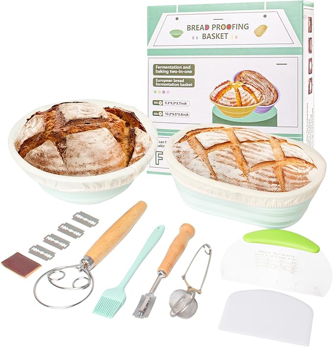 Banneton Bread Proofing Basket - 9.5 Inch Round & 10.4 Inch Oval Foldable Proofing Baskets Set of 2 with Liners for Professional & Home Artisan and Starter Kit with Bread Making Tools,Green