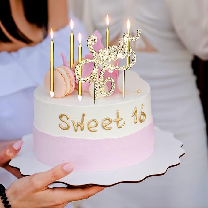 Tondiamo Sweet 16 Birthday Decorations Rhinestone Sweet 16 Cake Toppers 20 Pcs Metallic Happy Birthday Candles 16 Cake Decorations for Cupcake Decor(Gold White)