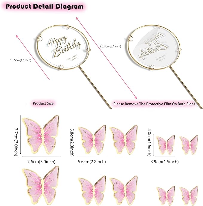 11-Piece Pink Gold Butterfly Cake Toppers Set - Happy Birthday Metal Gold Cake Topper & Decorations (LL-652)