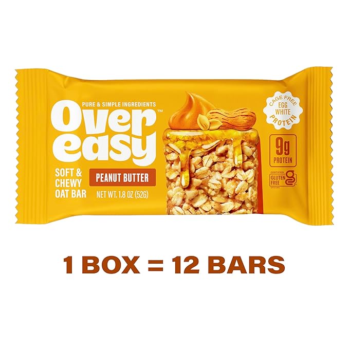 Over Easy Peanut Butter Soft and Chewy Oatmeal Breakfast Bars - Granola and Protein Bars - 12 Energy Snack Bars - Clean, Gluten Free, Dairy Free, Soy Free and Kosher
