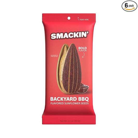 SMACKIN' Sunflower Seeds, Roasted Jumbo Small-Batch, American Made - Backyard BBQ. 1.5oz bags (6 Pack)