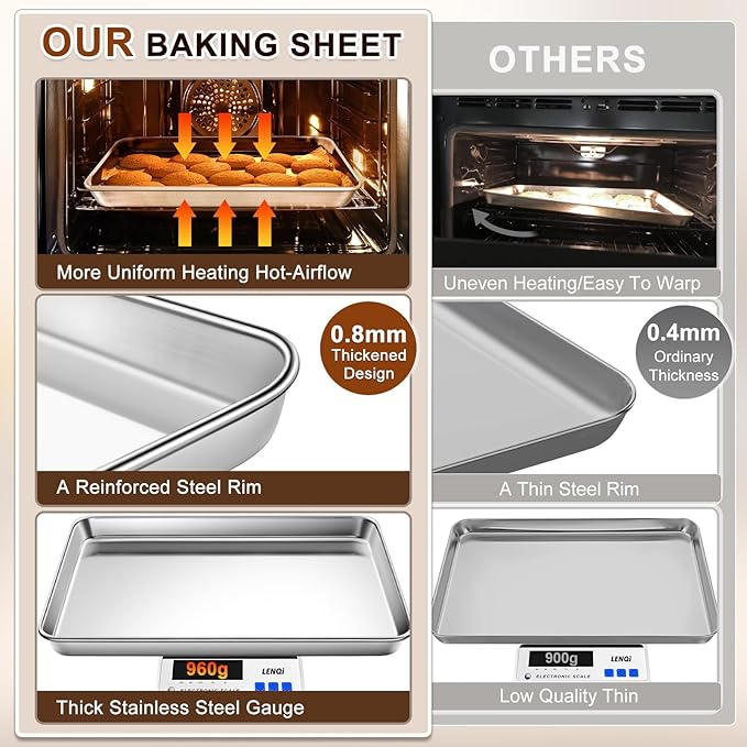 Commercial Quality Stainless Steel Baking Sheet, Extra Large Cookie Sheets for Baking, Warp Resistant Nonstick Baking Pan Oven Tray, Non Toxic & Heavy Duty & Dishwasher Safe - (20" x 14" x 1")