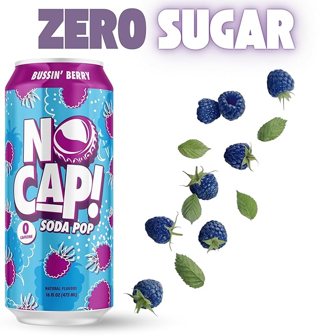No Cap! Healthy Soda Alternative, Zero Sugar, Low Calorie, Caffeine Free, Vegan, Gluten Free, Great For Kids & Teenagers 12 Oz Cans, 12 Pack (Bussin Berry)