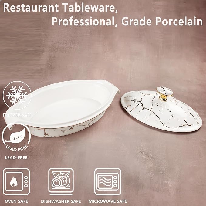8" x 5" Ceramic Casserole Dish with Lid, 15 Ounce Serving Soup Tureen,Chafing Dish for Buffet, Family Food Tray, Catering Casserole for Party, Oven, microwave and dishwasher safe
