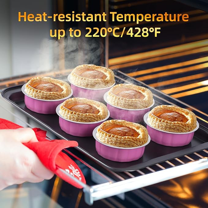 Beasea 8 oz Ramekins with Lids, 120 Pack 8 oz 4 Inch Disposable Mini Pink Aluminum Foil Creme Brulee Baking Cups Small Round Cupcake Tart Pie Tins Pans Individual Containers Oven Safe