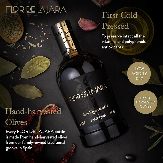 FLOR DE LA JARA Premium Extra Virgin Olive Oil from Spain, First Cold Pressed, Monovarietal Arbequina, Hand-Harvested Olives, Family-Owned Grove, Low Acidity (0.1%) - 8.45 fl oz (250ml)