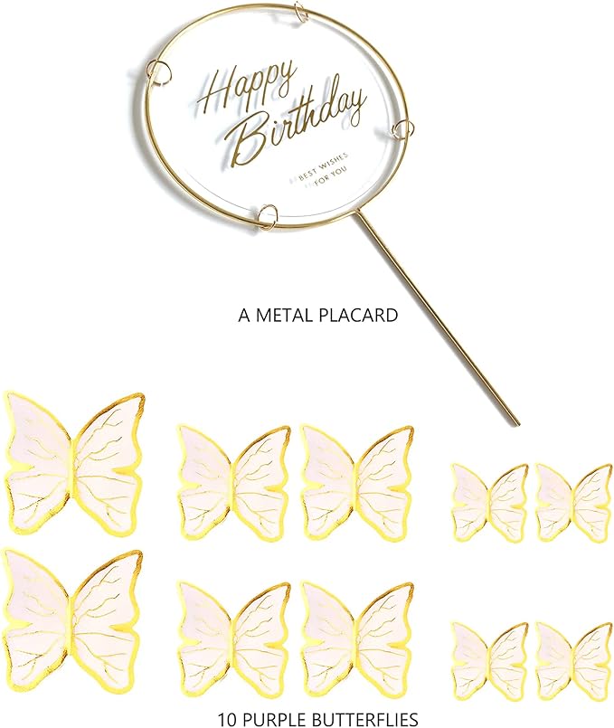 11-Pieces White gold Butterfly Cake Toppers Happy Birthday Metal Gold Happy Birthday Cake Topper Butterfly Birthday Cake Decorations Cake Butterfly Party Decorations,OO-541