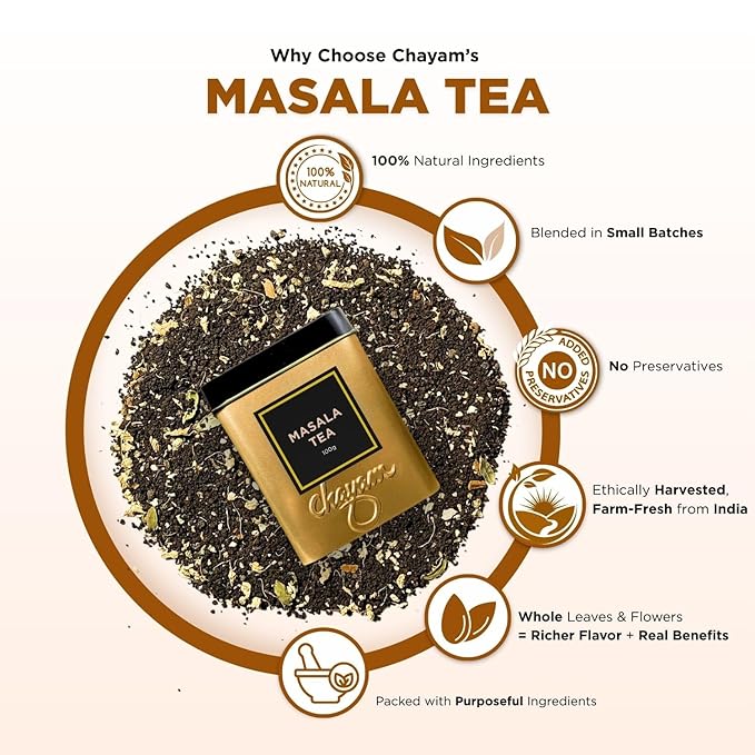 CHAYAM Indian Masala Chai Tea - 100g/3.53oz each | Premium Tin Pack | Exotic Spiced Tea Blend With Ginger, Clove, Cinnamon & Cardamom | 50+ cups | 100% Real Ingredients with No Sugar - Pack of 2