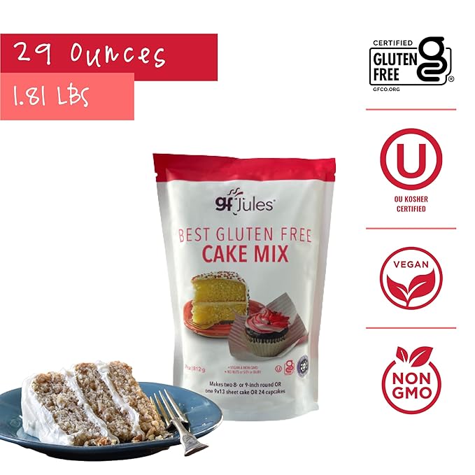 gfJules Certified Gluten Free Cake Baking Mix | Makes 2 Layer Cakes or 24 cupcakes | No Grit, Non-GMO, Vegan | Certified Top 9 Allergen-Free & Kosher | 29 Ounces