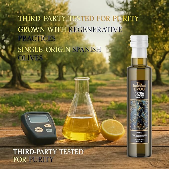 The Immortal Olive Oil | Premium Extra Virgin Olive Oil from Ancient Spanish Trees | High Polyphenol Content | Cold-Pressed | Third-Party Tested for Purity, 250ml