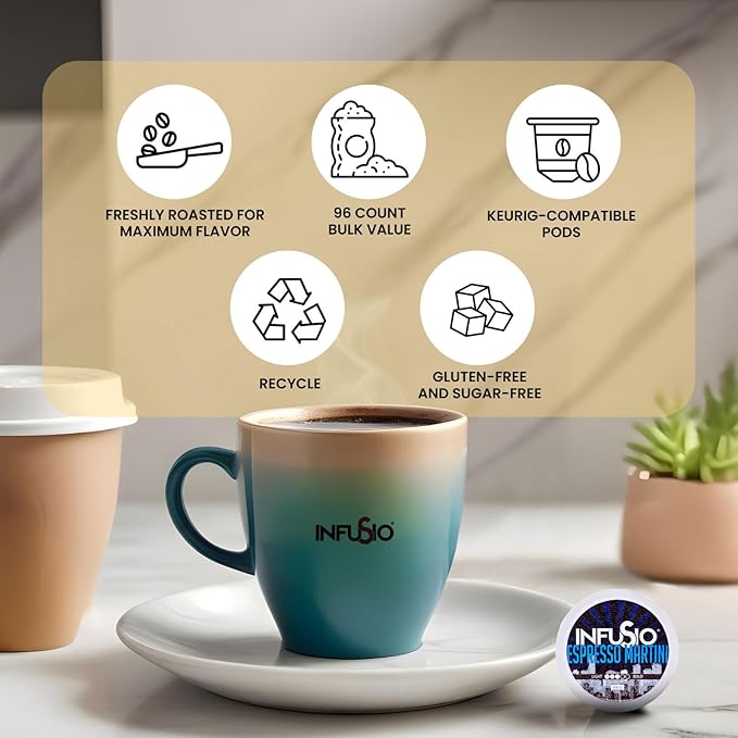 InfuSio Coffee Pods 96 Count Espresso Martini Flavored Medium Roast Single serve Coffee pods for Keurig K Cups Brewers - InfuSio Premium Roasted Keurig 2.0 Compatible