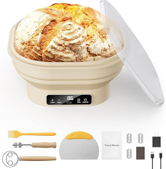 Heating Banneton Bread Proofing Basket, SMOOTHARMOR Electric Silicone Sourdough Starter Kit, 2L Foldable Thermostatic Sourdough Bread Baking Supplies, Timer & 6 Temp Settings, Dishwasher Safe, 7 Tools