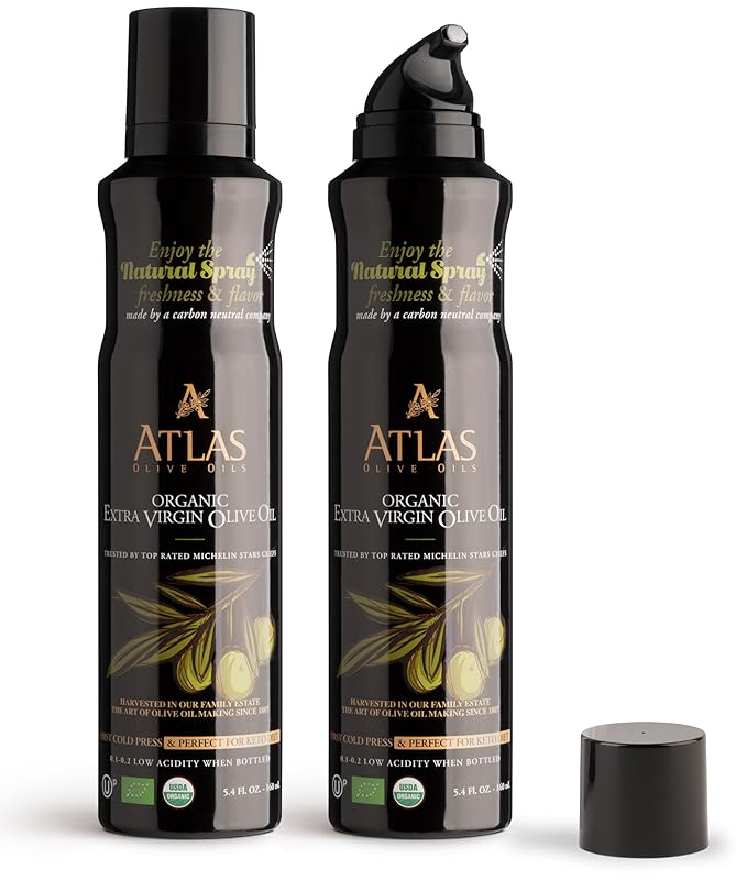 Cooking Oil by Atlas, Extra Virgin Olive Oil Spray, Dual Function Spray and Stream, 5.4 fl oz, 2 Pack, Non Stick, Polyphenol Rich Moroccan EVOO, Cold Pressed, Hydroxytyrosol Keto