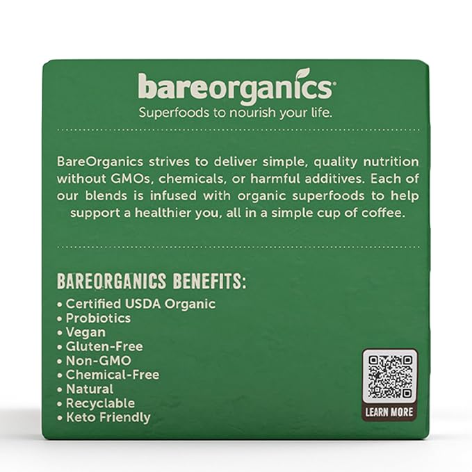 BareOrganics Energy Medium Roast Coffee, Organic, 10 K-Cup Pods, Superfoods & Probiotics Infused, Vegan, Gluten Free, 10 Single Serve Cups