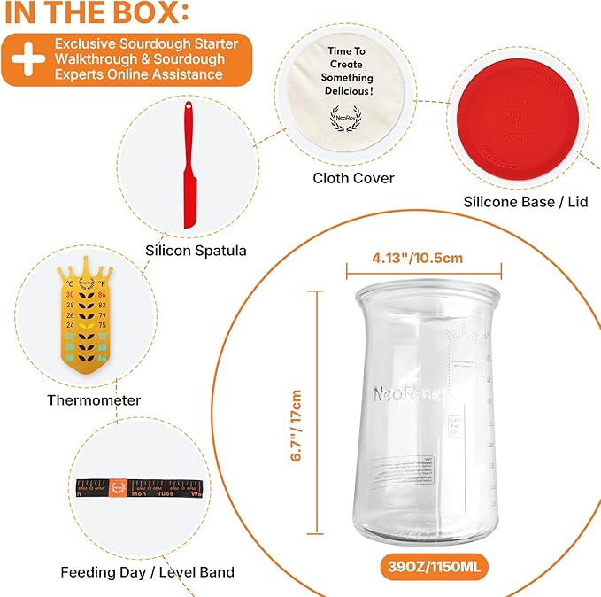 Pro Sourdough Starter Kit - 39 Oz Glass Sourdough Starter Jar (With Cloth Lid,Silicone Base,Scraper,Date Tracker,Temp Strip) - Sourdough Bread Baking Supplies For Sour Dough Bread Loaf (Red)