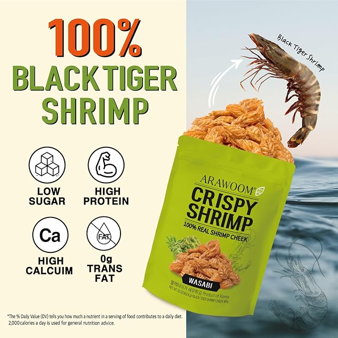 ARAWOOM - 100% Real Black Tiger Shrimp Head Crisps, Wasabi Pack [16oz, Pack of 1], Crispy Seafood Snack, High-Protein Crunch, Crunchy On-the-Go Treat