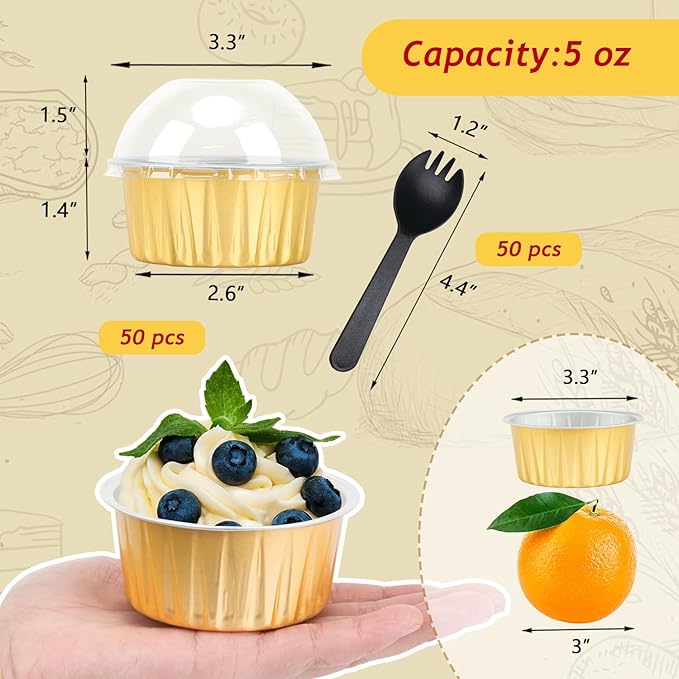 Aluminum Cupcake Liners with Dome Lids 50 Pack,Free-Air 5oz Foil Baking Cups Muffin Tins,Disposable Ramekins Jumbo Muffin Liners for Wedding Birthday Party,with 50 Spoons-Gold