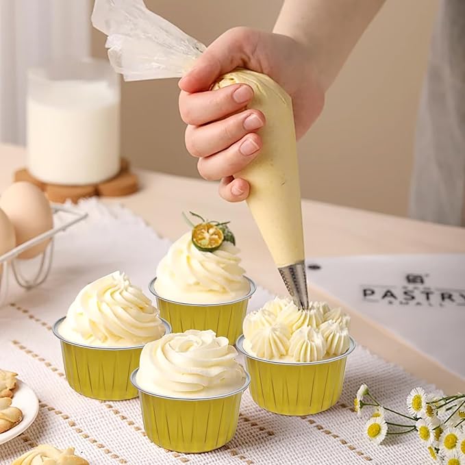 100 PCS Aluminium Foil Baking Cups, Mini Cake Pans with Lids and 100 PCS Spoons, 5 oz Disposable Baking Cups Foil Ramekins For Party Birthday Wedding Valentines (Gold)