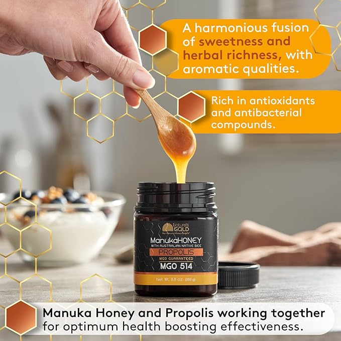 Nature’s Gold Raw Manuka Honey with Australian Native Bee Propolis, MGO 514+ | 8.8oz (250g), 100% Pure Genuine Traceable Hive to Home