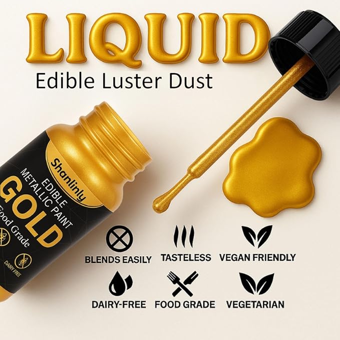 Shanlinly Gold Edible Luster Dust - 30ml Liquid Edible Cake Paint Gold Metallic Food Coloring, Perfect for Art Decorative Shimmer Cake Decorating, Cookies,Cupcakes,Cocktails,Wedding,Birthday