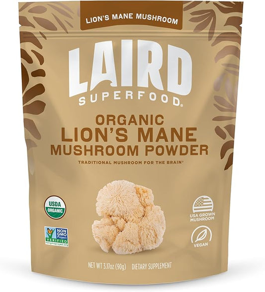 Laird Superfood Organic Lions Mane Mushroom Powder for Cognitive Function and Immune Support, 3.17