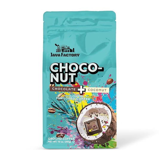 Java Factory Choconut Flavored Ground Coffee Bag ??Chocolate and Coconut Brew, Made with 100% Arabica Beans - Flavor Enhanced, 10 Oz