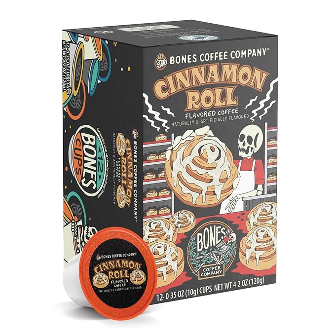 Bones Coffee Company Cinnamon Roll Flavored Coffee Pods, Low Acid Medium Roast Single-Serve Bones Cups, Compatible with 1.0 & 2.0 K-Cups Brewers Coffee Maker, 12 Count