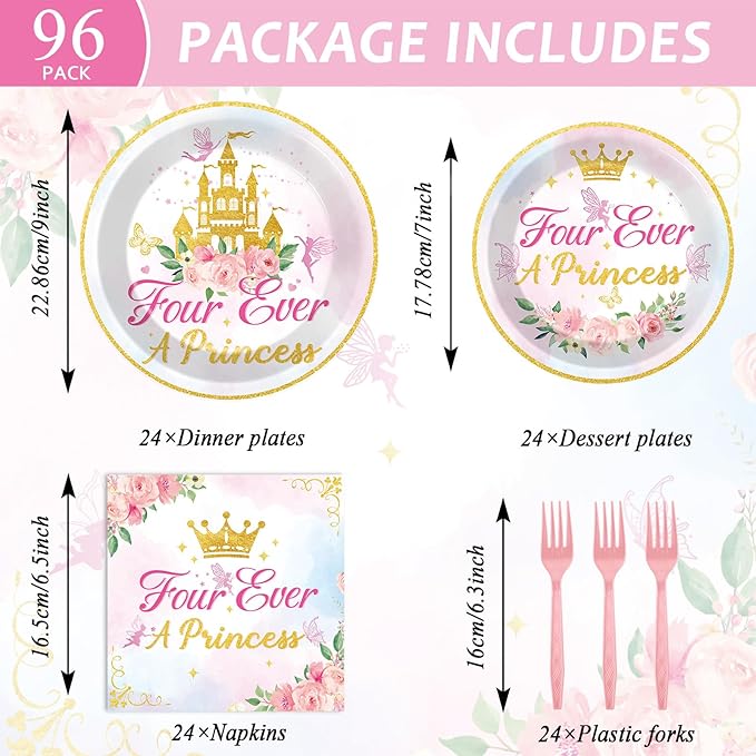 96Pcs Four Ever a Princess Plates and Napkins Girl 4th Birthday Party Decorations Royal Pastel Castle Dessert Disposable Plates Pink & Gold Tableware Set for 24 Guests Floral Fairytale Party Supplies