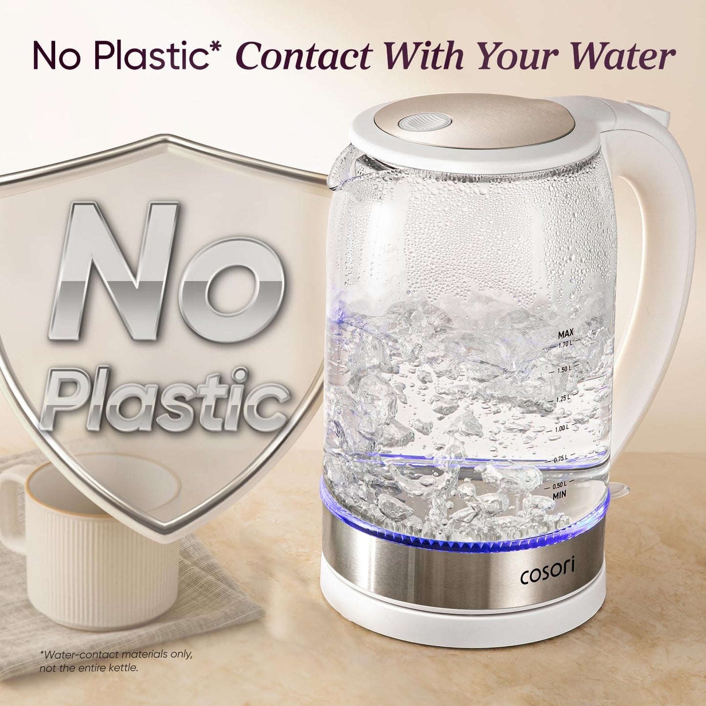 Cosori Electric Kettle, No Plastic Contact with Water, 1.7L, White