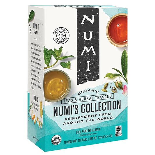 Numi Organic Tea Numi's Collection Variety Pack, 16 Tea Bags, Black, Green, White, Pu-erh, Mat챕, & Herbal, Packaging May Vary