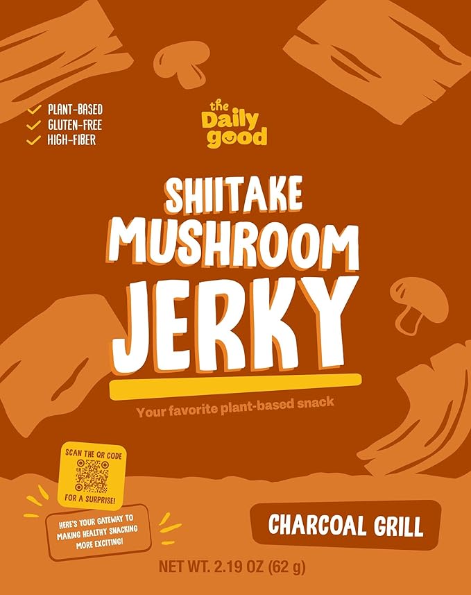 The Daily Good Mushroom Jerky - 3-Pack Snacks, Yummy High-Fiber Mushroom Snack, Meatless & Gluten-Free Food, Contains Eggs, Made from Shiitake Stalk, 0.58 lbs., Vegetarian, Charcoal Grill (BBQ Flavor)