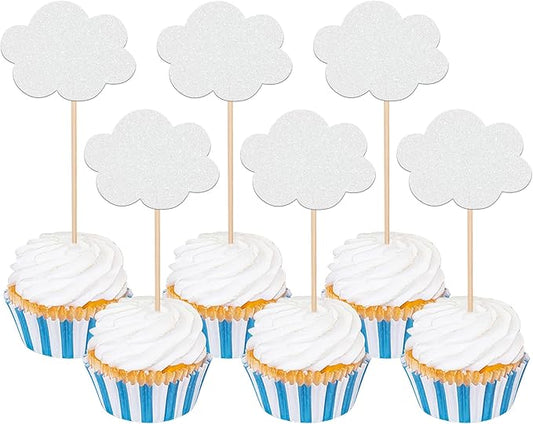 24 PCS Cloud Cupcake Toppers Glitter Glitter White Clouds Cupcake Picks Cloud Baby Shower Decorations for Baby Shower Birthday Wedding Party Cake Decorations Supplies