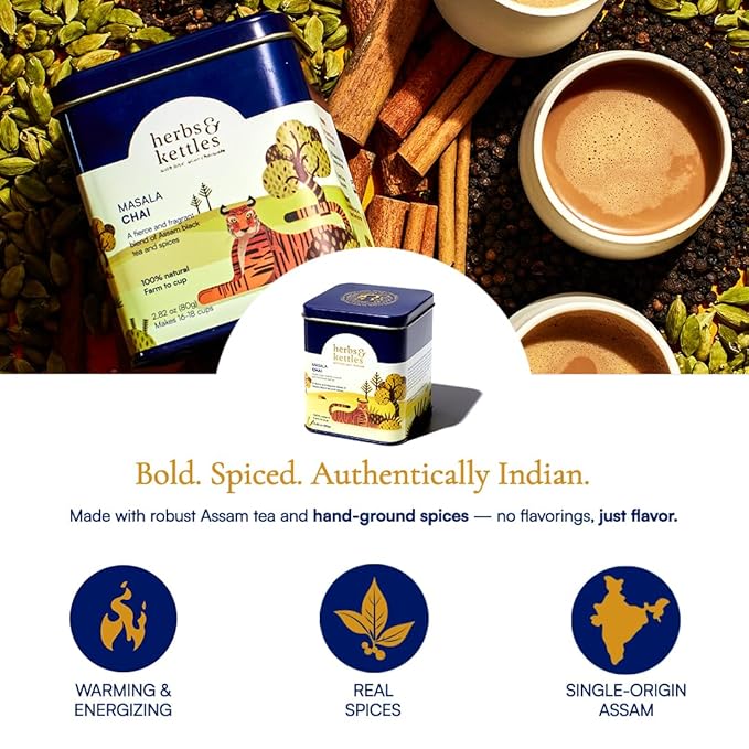 Herbs & Kettles Masala Chai | Authentic Indian Chai Tea with Assam Black Tea, Ginger, Cardamom, Cinnamon, Cloves & Black Pepper | Loose Leaf | Makes 16-20 Servings | Premium Gourmet Tea Gift