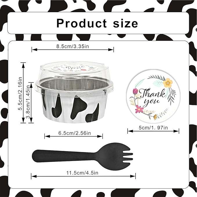 100 Pcs Aluminum Foil Baking Cups with Lids,5oz cupcake liners with lids,Disposable Ramekins Mini Cake Containers Tin Mini Muffin Liners for Wedding Christmas Party (Cow Print)