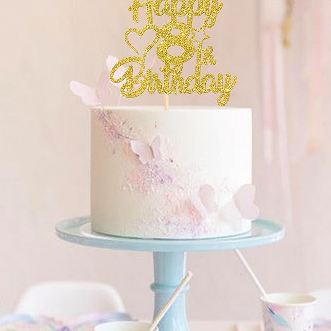 1 Pack Happy 8th Birthday Cake Topper Glitter Heart Star 8 Fabulous Cake Pick Birthday Sign Cake Decorations for 8th Birthday Theme Party Supplies Gold