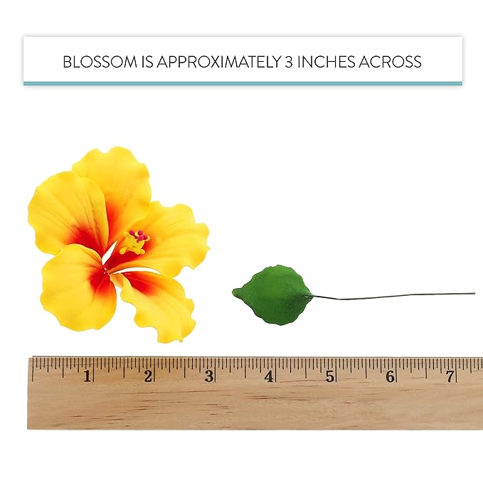 Global Sugar Art Hibiscus Sugar Cake Flowers, Yellow with Red, 3 Count with Leaves by Chef Alan Tetreault