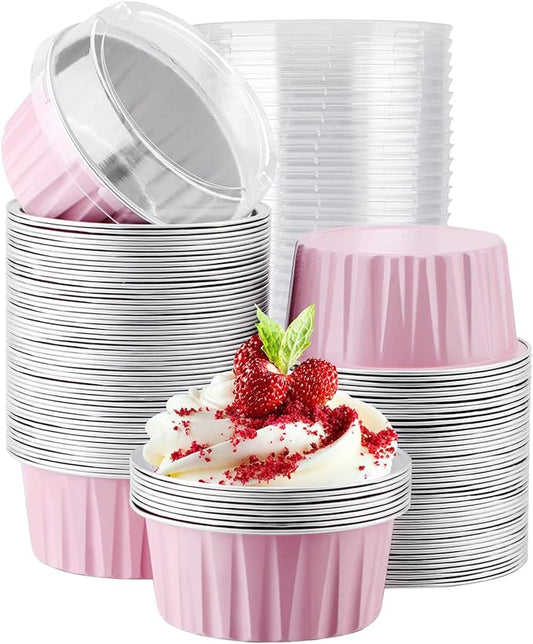 EUSOAR Cupcake Liners, 5oz 100pcs Aluminum Foil Cupcake Liners, Muffin Liners Cups with Lids, Disposable Aluminum Foil Cupcake Baking Cups Holders Cases Boxes Pans with Lids