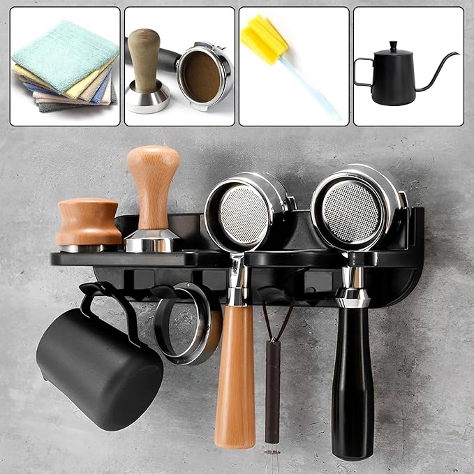 Coffee Portafilter Wall Mount Rack, Space Saving Floating Wall Shelves Coffee Station Organizer, Espresso Tools Portafilter Holder for Bar, Home, Office (54mm)