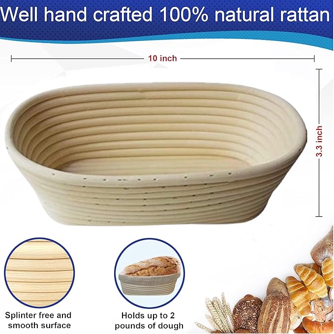 10inch Oval Banneton Proofing Basket Set Bread Baking Kit, Dough Scraper, Bread Lame, Danish Dough Whisk Sourdough Proofing Bread Basket Artisanal Bread Making Tools and Supplies Set