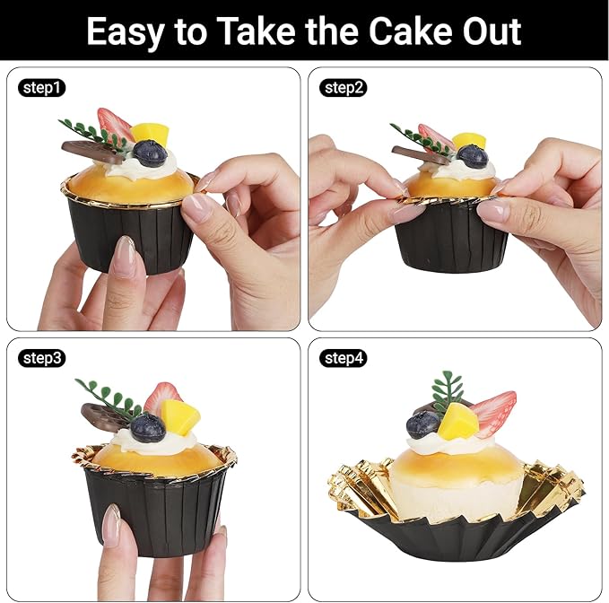 EUSOAR Black Cupcake Liners, 100pcs 3.5oz Mini Cheesecakes Cups Disposable Ramekins, Aluminum Foil Wrappers Paper Cupcake Containers Muffin Dessert Holders for Birthday Wedding Party-Black/Gold
