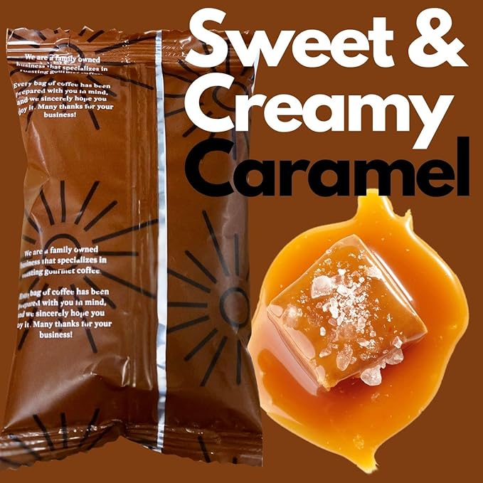 Sarasota Coffee Ground Packets | Gourmet Flavored Medium Roast Bulk Coffee Packs | Salted Caramel | Low Acid Mold Free Singles Individual Pouches for 12 Cup Coffee Maker | 2.5 Ounce Bags, 36 Count